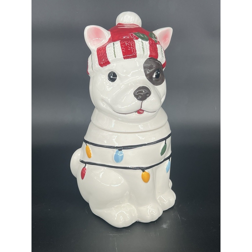 Santa's Workshop Boston Terrier Black & White Ceramic Cookie Jar Christmas Light